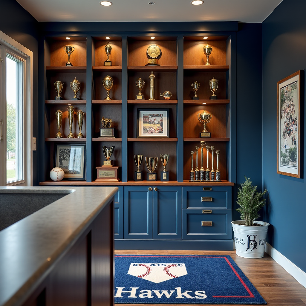 Entrance to a travel baseball facility filled with trophies showing how many tournaments they win. With rich lighting and dark blue paint that matches their team colors. 