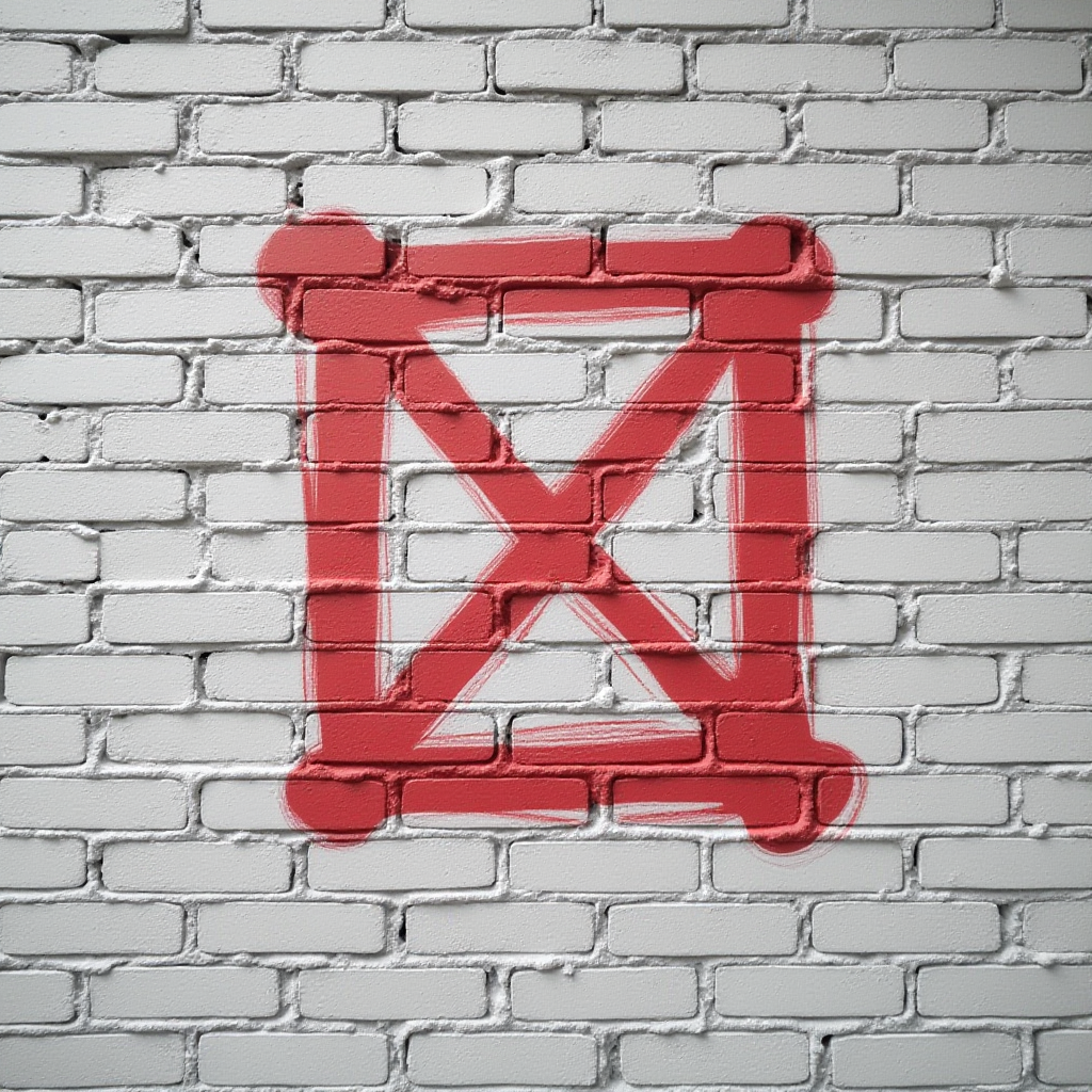 A brick wall with a strike zone painted on it with red paint. An x through the rectangle zone separates it into four smaller slices. 
